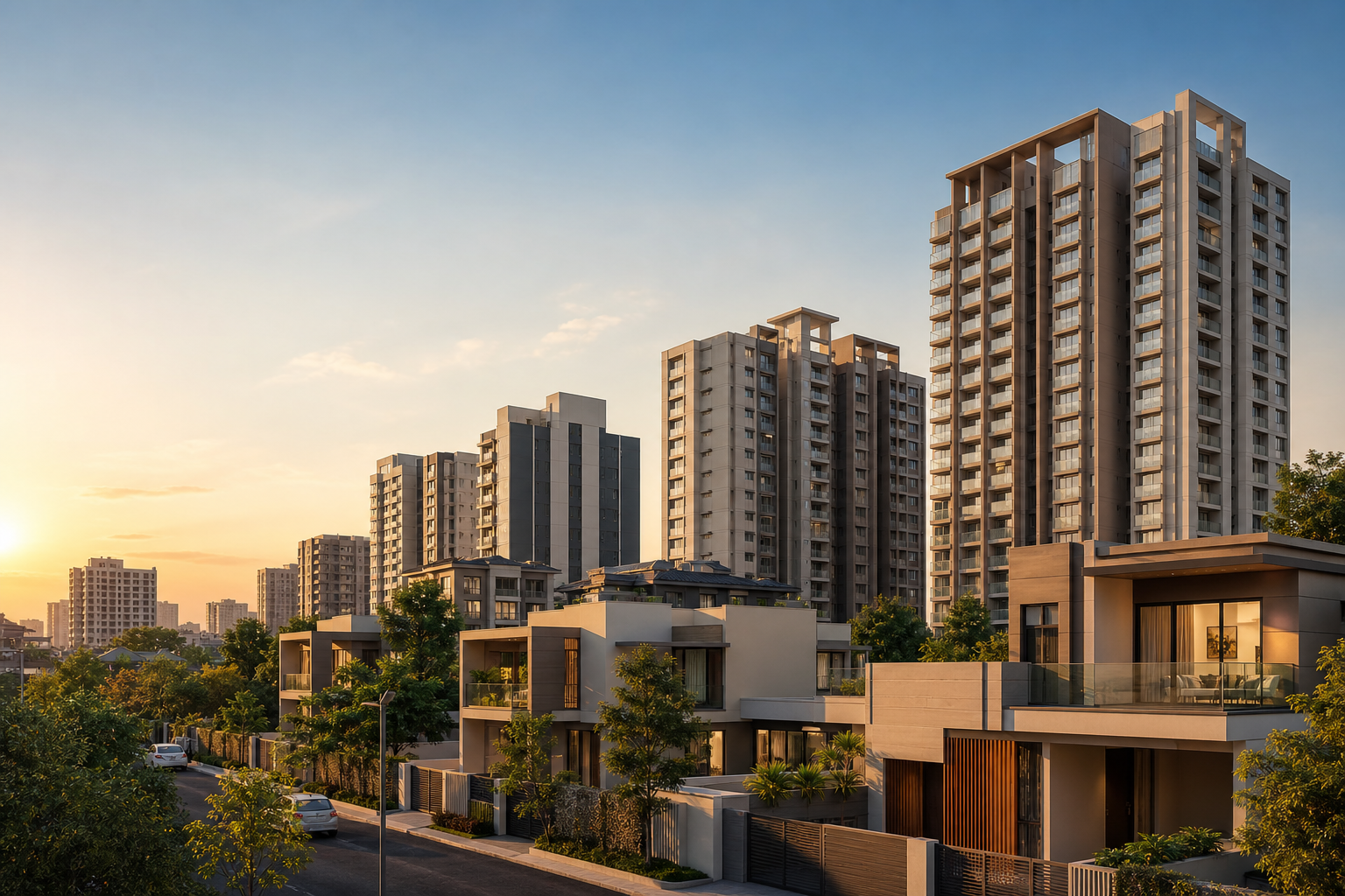 Modern homes and Gujarat city skyline — PropertysDeal property portal